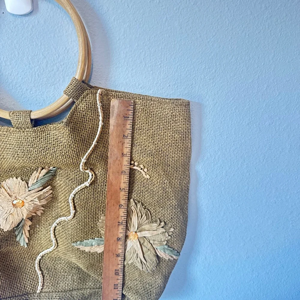 Unbranded Women Tan Burlap Raffia Floral Wooden Handle Boho Tote Bag Large
